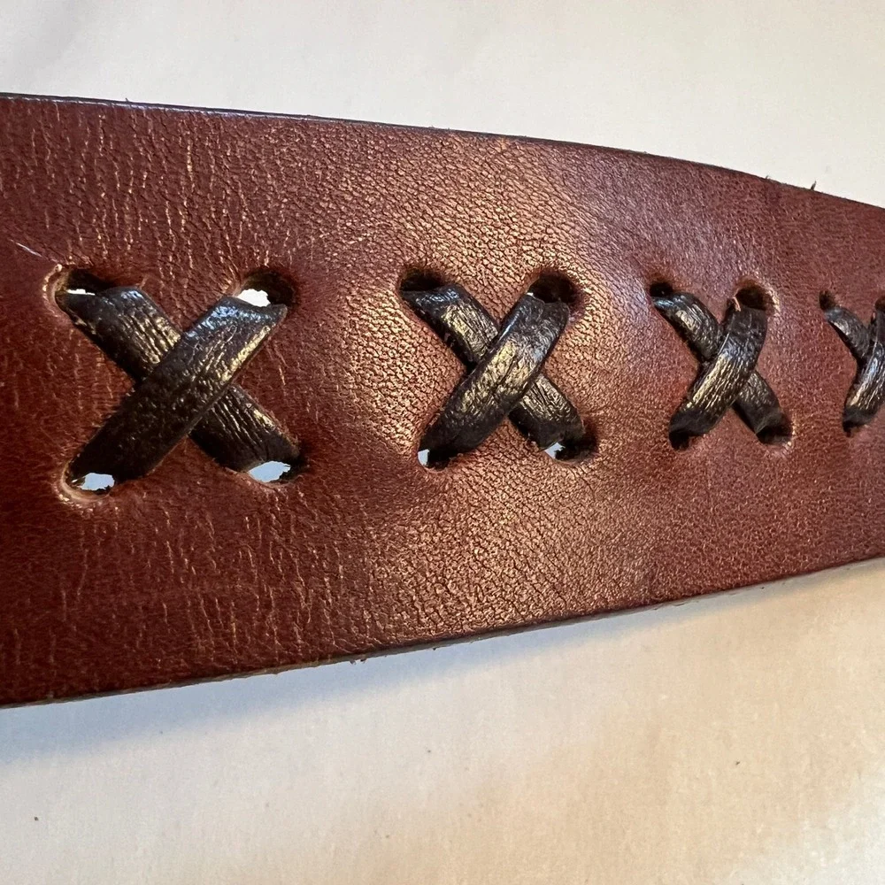 Sheplers Leather Western Belt Criss-Cross‎ Pattern Brass Buckle 1 5/8